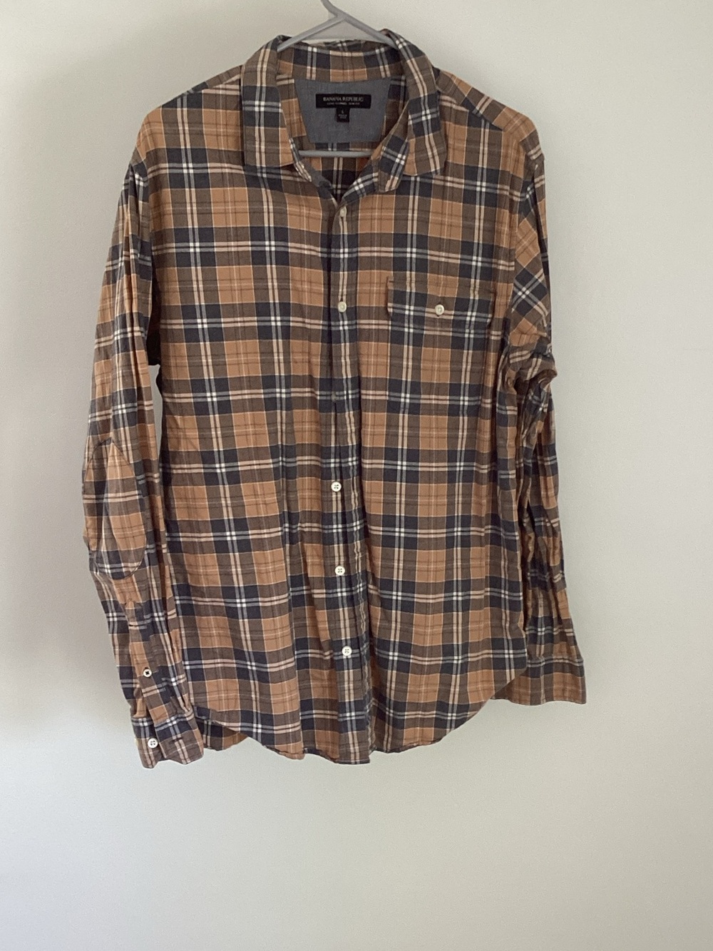 Banana Republic Men’s Tan, Grey, White Plaid Button-Up Shirt